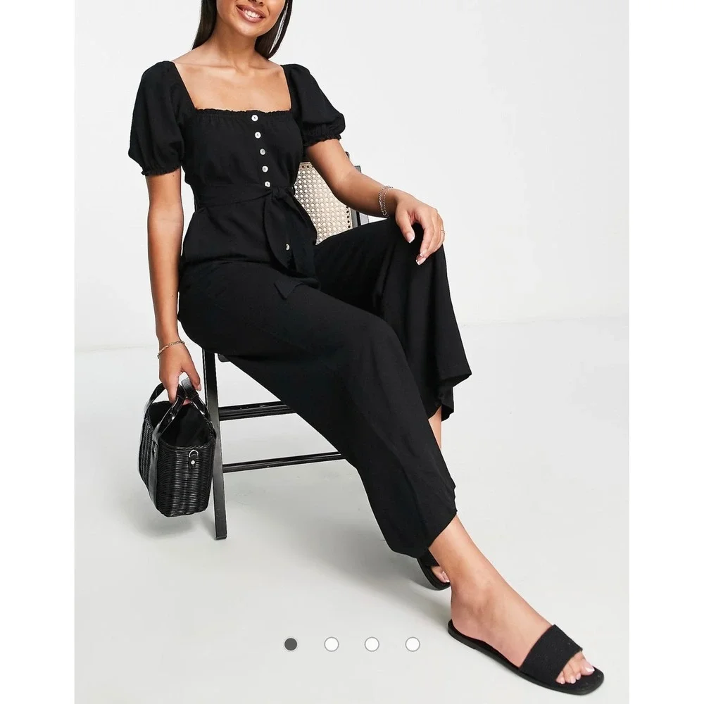 ASOS The Frolic Black Puff Sleeve Wide Leg Button Down Jumpsuit NWT Size 12 - Picture 2 of 10